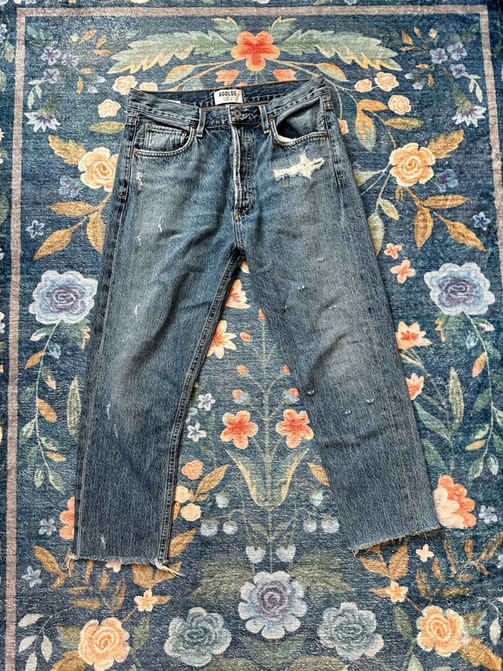 Agolde Sz 27 Cropped Jamie High Rise Classic Distressed Straight Leg Denim Jean